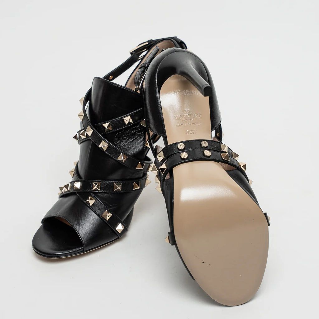 Black Leather Rockstud Sandals Size 39.5