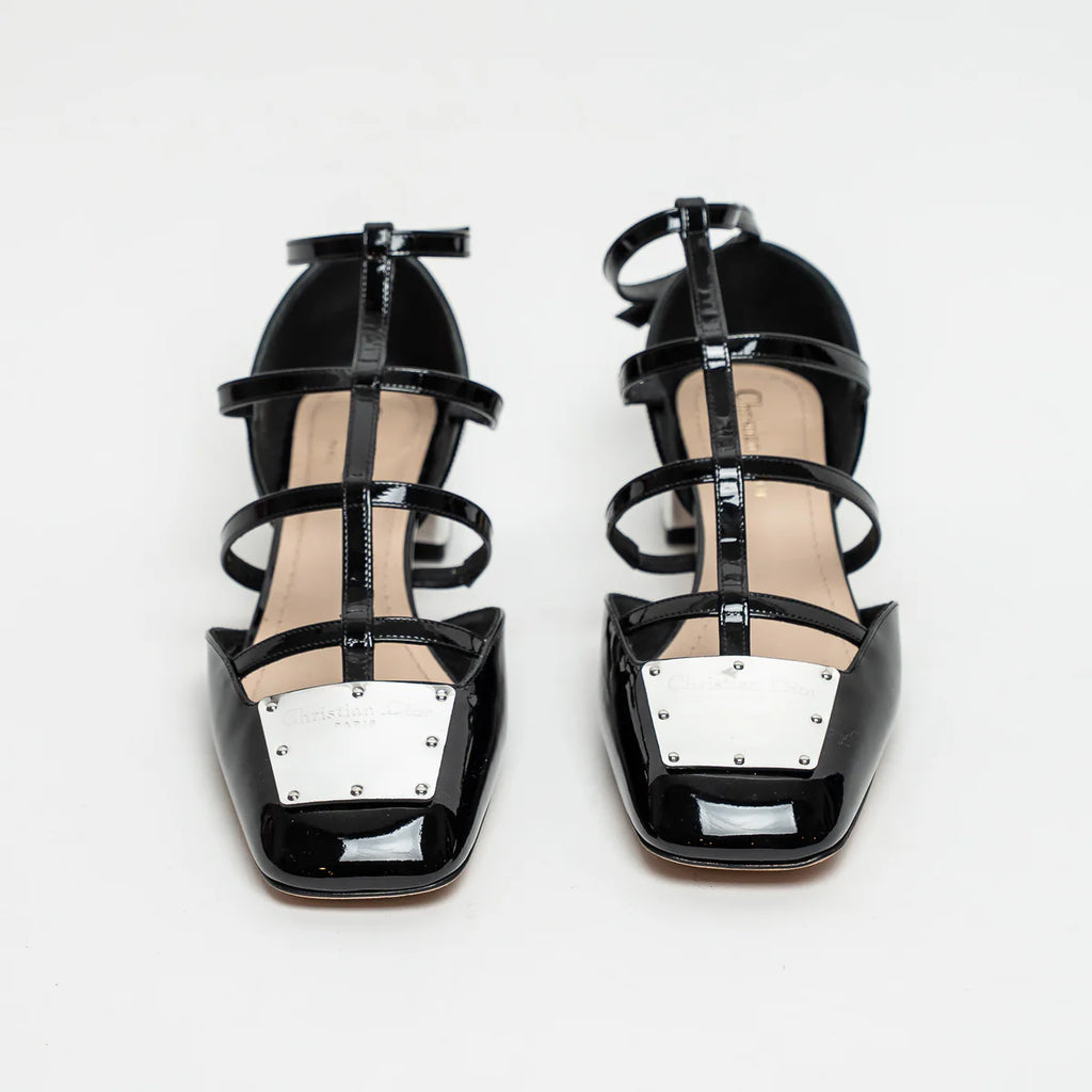 Black Patent Leather Block Heel Sandals Size 38.5