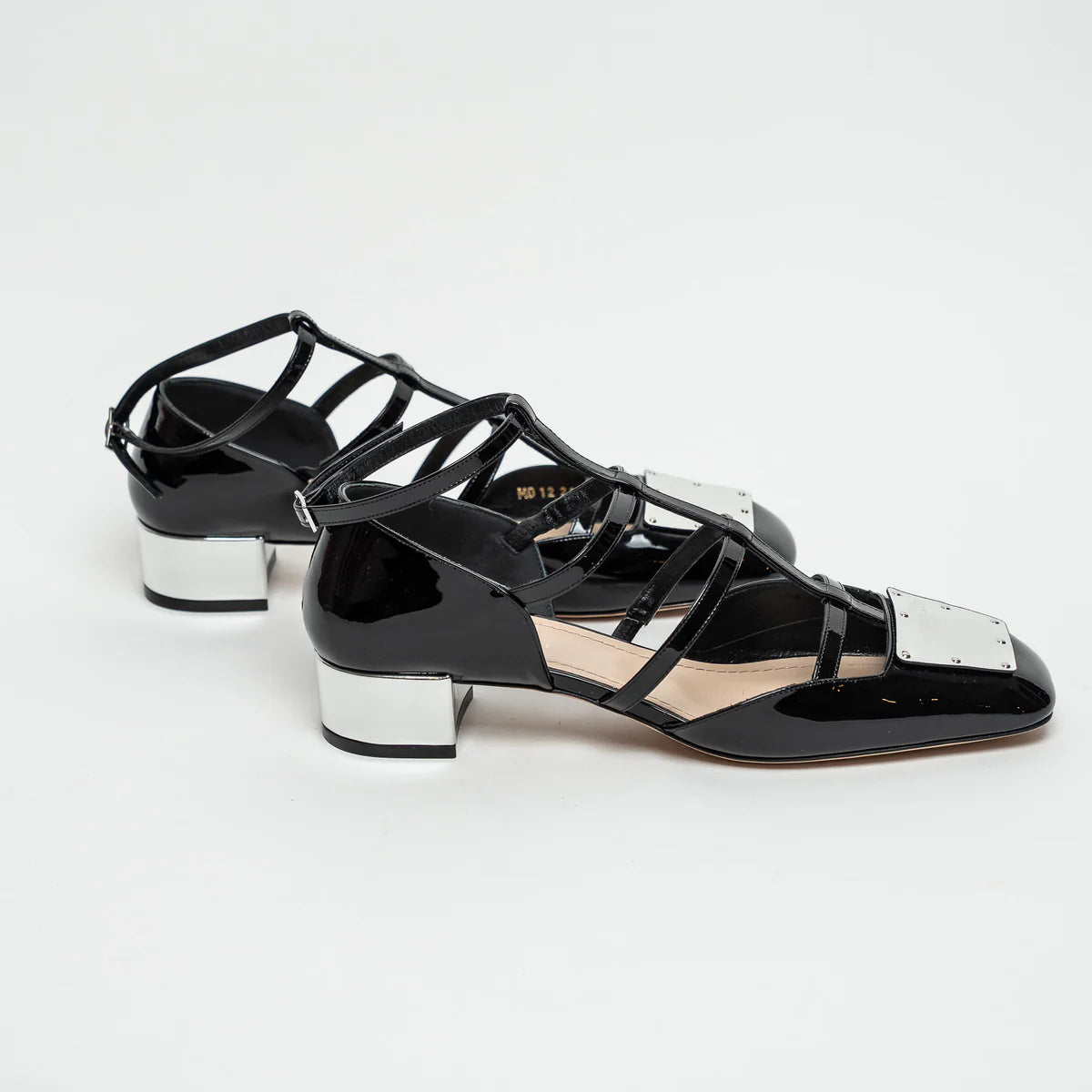 Black Patent Leather Block Heel Sandals Size 38.5