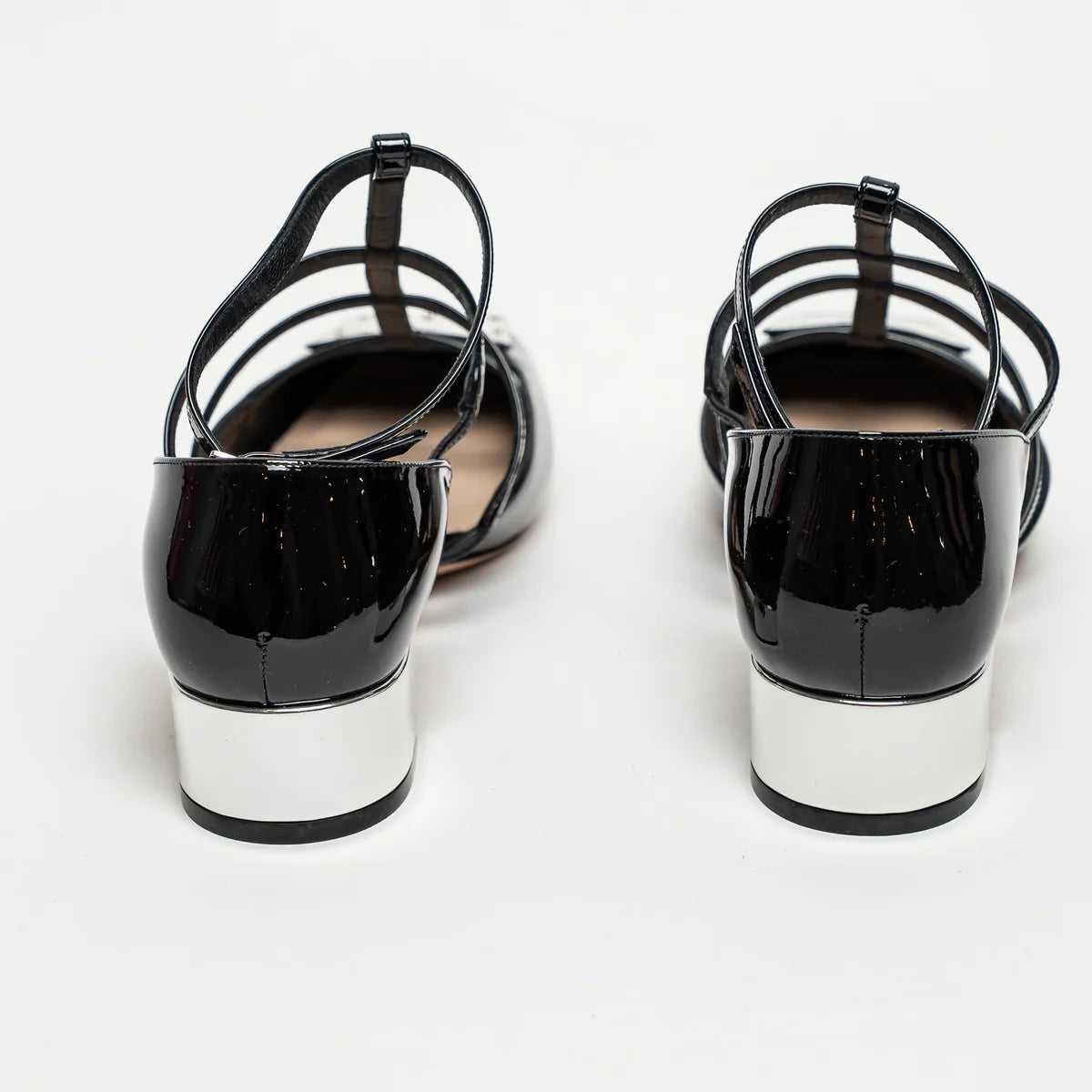 Black Patent Leather Block Heel Sandals Size 38.5