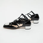 Black Patent Leather Block Heel Sandals Size 38.5