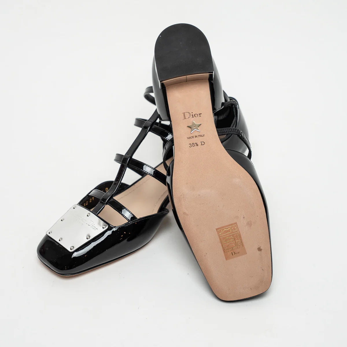 Black Patent Leather Block Heel Sandals Size 38.5