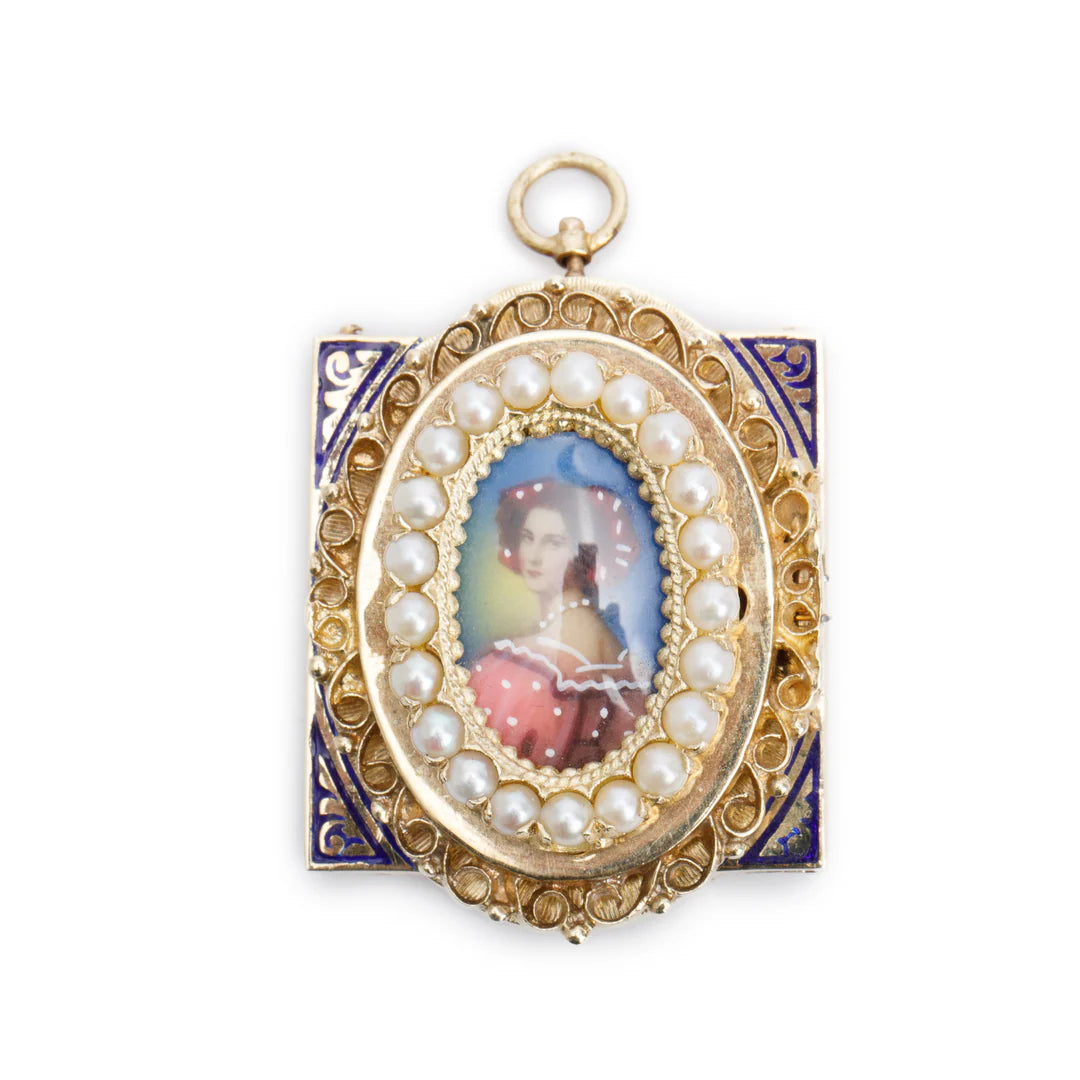 Antique 14k Yellow Gold Pearl Lady Portrait Watch Brooch/Pendant
