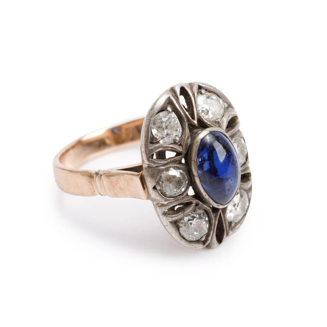 Antique 14k Yellow Gold Sapphire &amp; Diamond Ring, Size 4