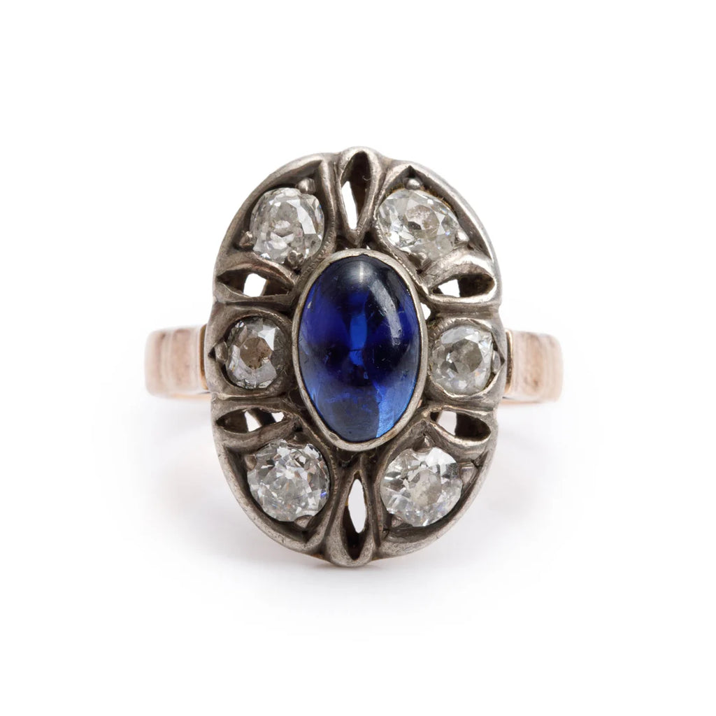 Antique 14k Yellow Gold Sapphire &amp; Diamond Ring, Size 4