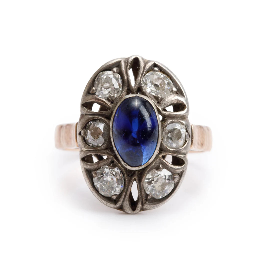 Antique 14k Yellow Gold Sapphire &amp; Diamond Ring, Size 4