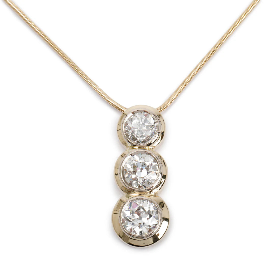 Antique 14k Yellow Gold Three Stone Diamond Drop Pendant Necklace