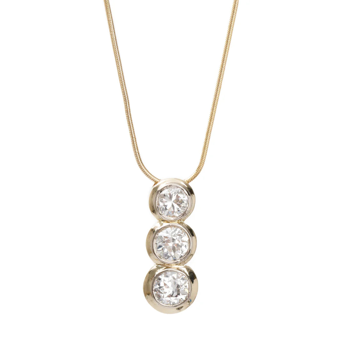 Antique 14k Yellow Gold Three Stone Diamond Drop Pendant Necklace