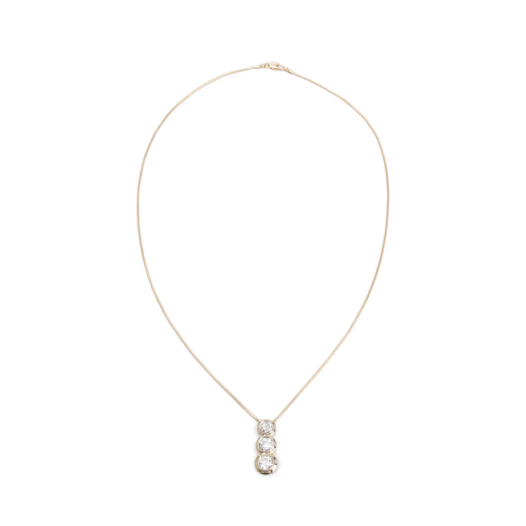 Antique 14k Yellow Gold Three Stone Diamond Drop Pendant Necklace