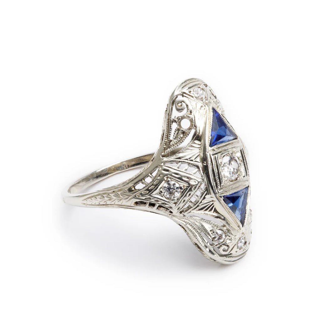 Antique 18k-20k White Gold Sapphire &amp; Diamond Filigree Ring, Size 8.5