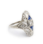 Antique 18k-20k White Gold Sapphire &amp; Diamond Filigree Ring, Size 8.5