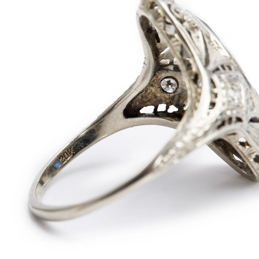 Antique 18k-20k White Gold Sapphire &amp; Diamond Filigree Ring, Size 8.5