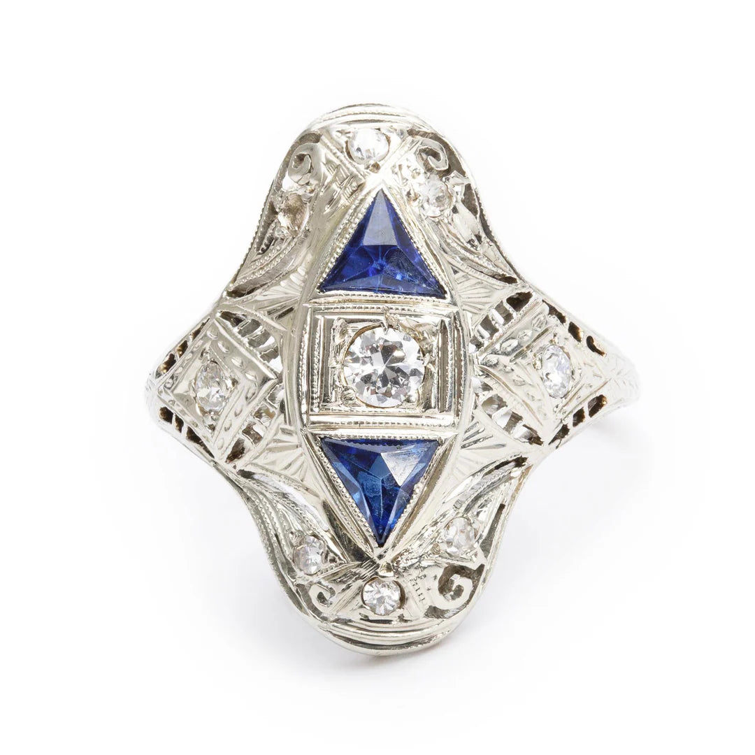Antique 18k-20k White Gold Sapphire &amp; Diamond Filigree Ring, Size 8.5