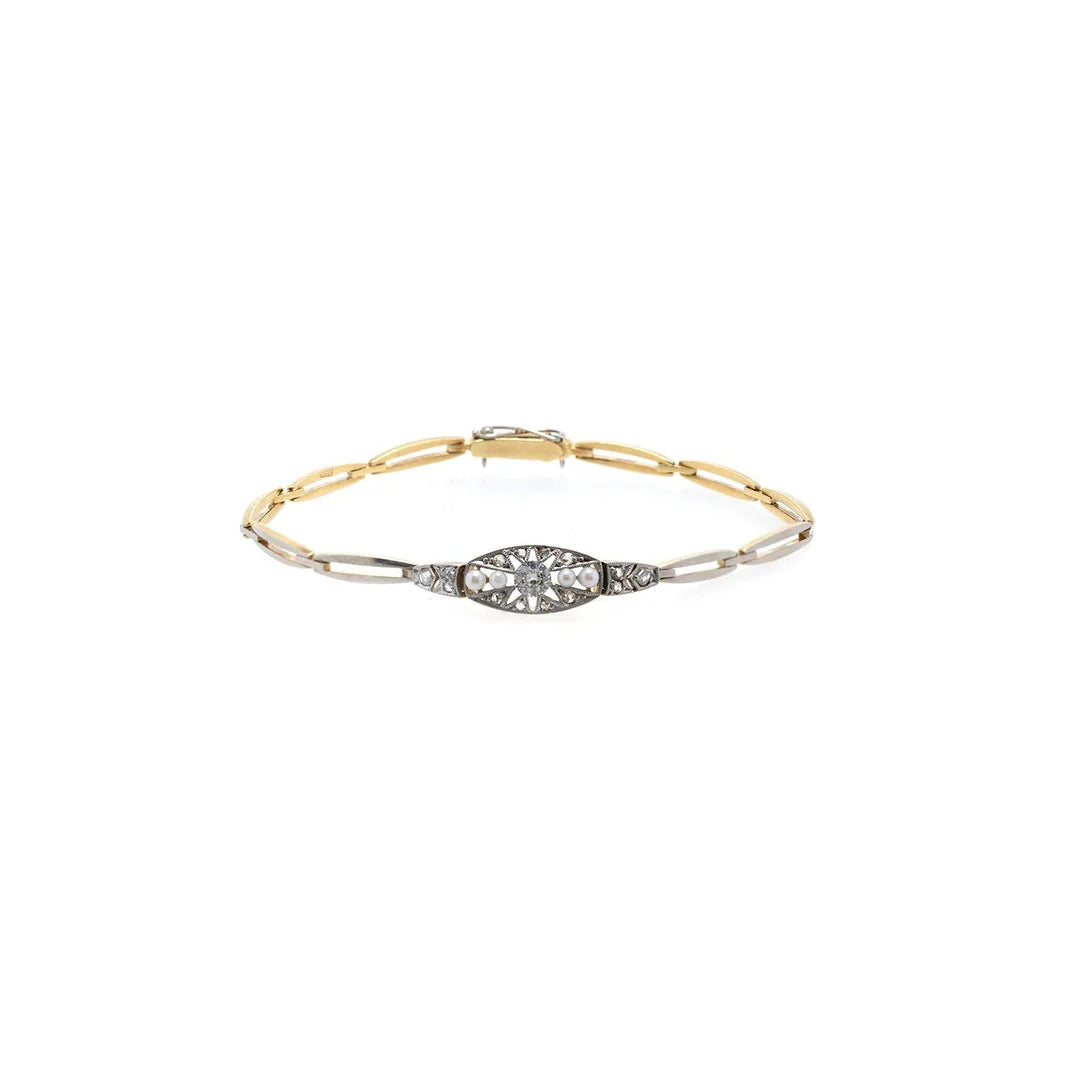 Antique 18k Gold &amp; Platinum Diamond &amp; Pearl Bracelet
