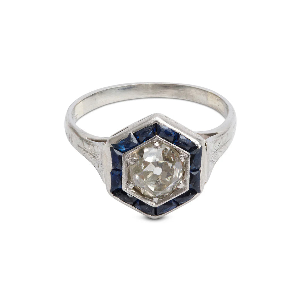 Antique 18k White Gold Sapphire &amp; Diamond Hexagon Top Ring, Size 5