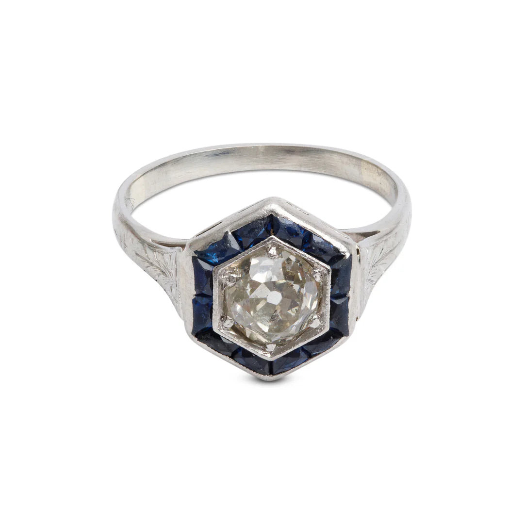Antique 18k White Gold Sapphire &amp; Diamond Hexagon Top Ring, Size 5