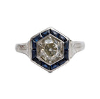 Antique 18k White Gold Sapphire &amp; Diamond Hexagon Top Ring, Size 5