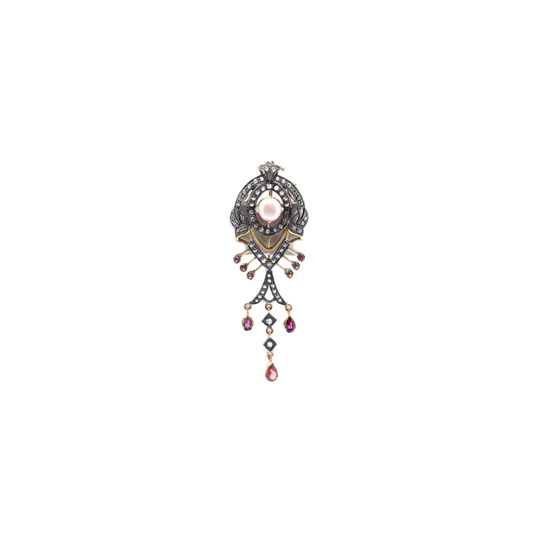 Antique Art Deco Diamond, Pearl &amp; Garnet Drop Brooch