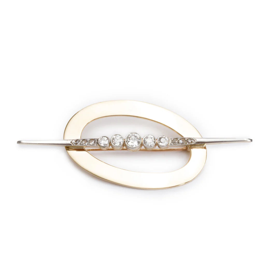 Antique Platinum &amp; 14k Yellow Gold Diamond Oval Brooch
