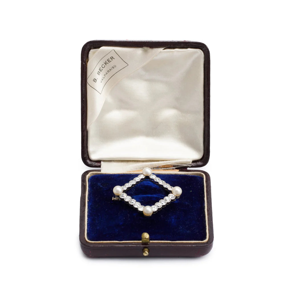 Antique Platinum Diamond &amp; Pearl Pin Brooch w/ Box