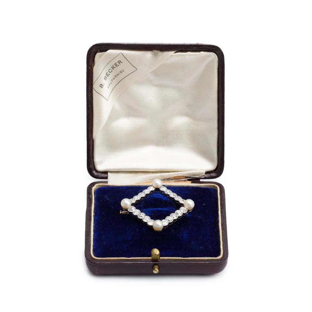 Antique Platinum Diamond &amp; Pearl Pin Brooch w/ Box