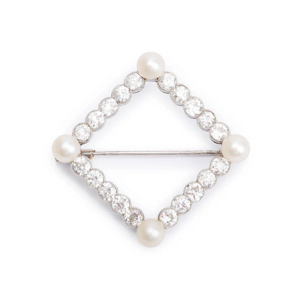 Antique Platinum Diamond &amp; Pearl Pin Brooch w/ Box
