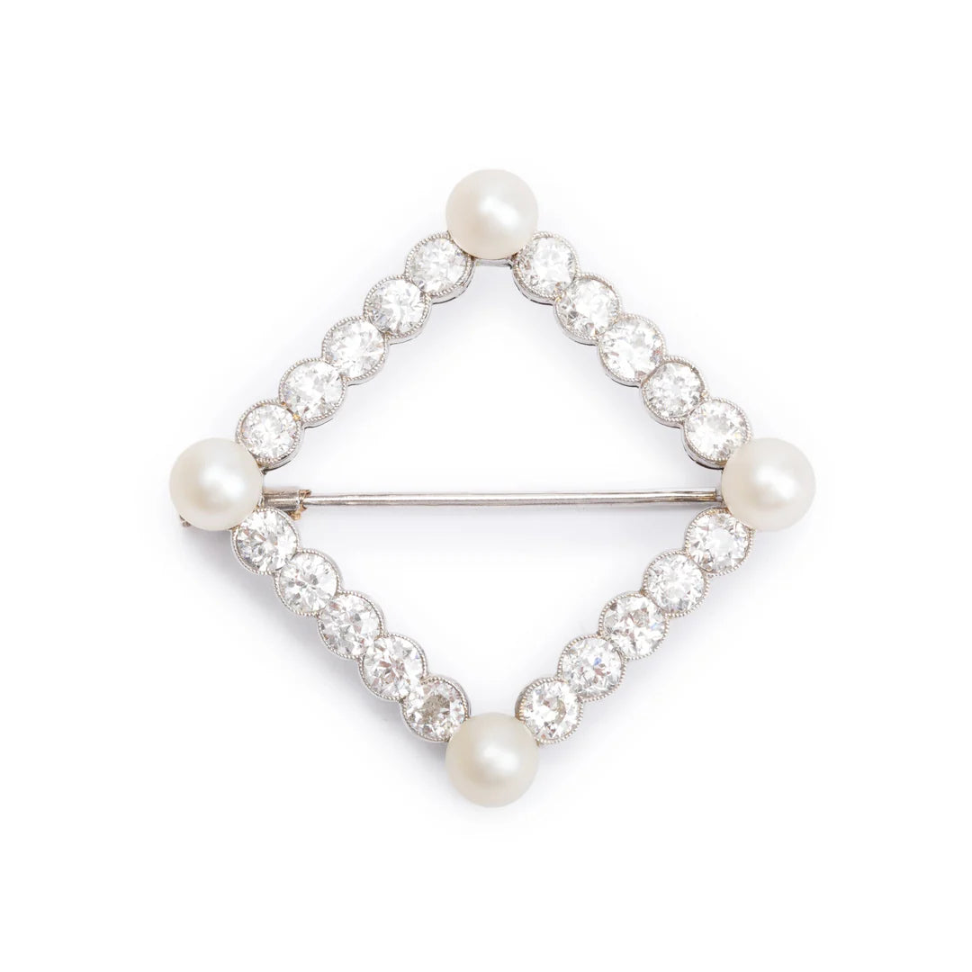Antique Platinum Diamond &amp; Pearl Pin Brooch w/ Box