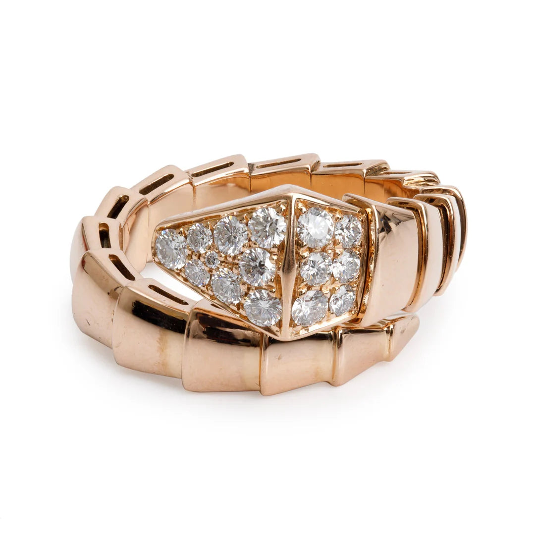 BVLGARI 18k Rose Gold Pave Diamond Serpenti Viper Ring, Size L w/ Box Coeur Cult Core