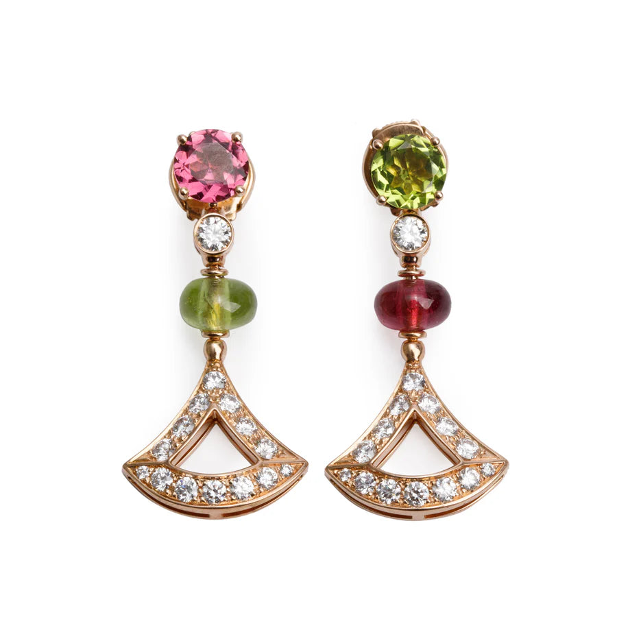 BVLGARI 18k Rose Gold Rubelite, Peridot &amp; Diamond Diva's Dream Earrings w/ Box Coeur Cult Core