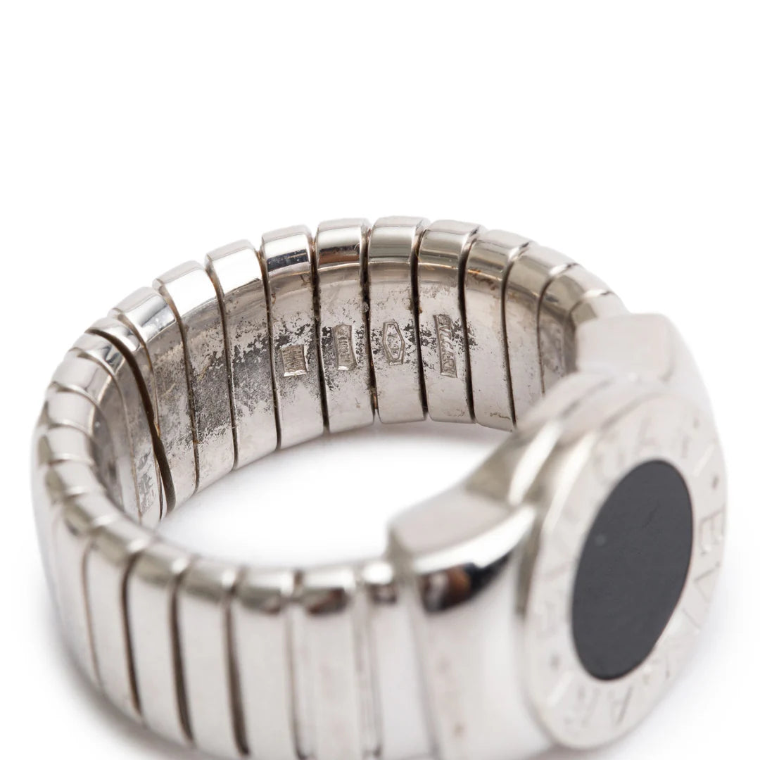 BVLGARI 18k White Gold Black Onyx Tubogas Ring, Size 7