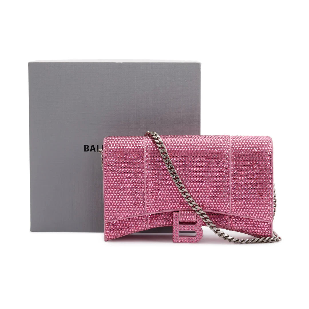 Pink Rhinestone Hourglass Wallet on Chain w/ Box
