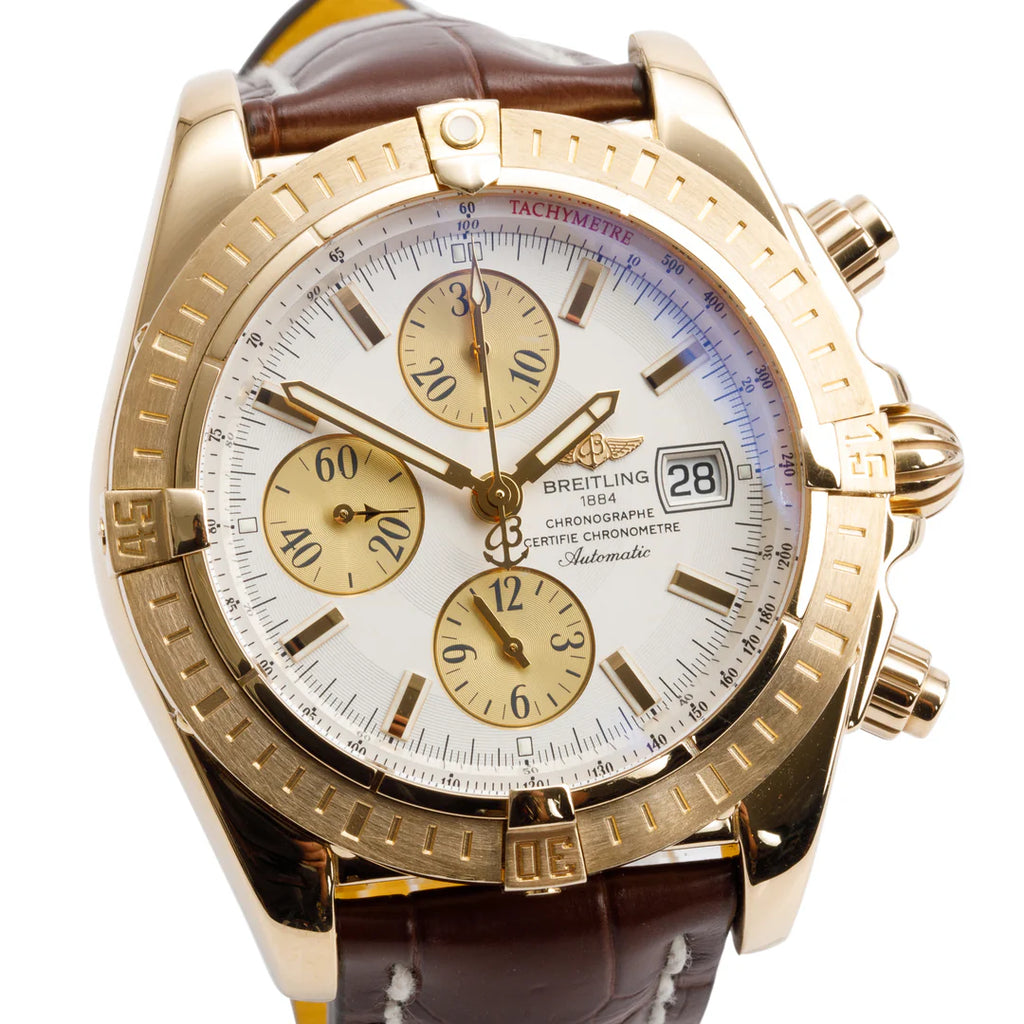 18k Yellow Gold Chronomat Evolution 44 MM Automatic Chronograph Watch White Dial K13356