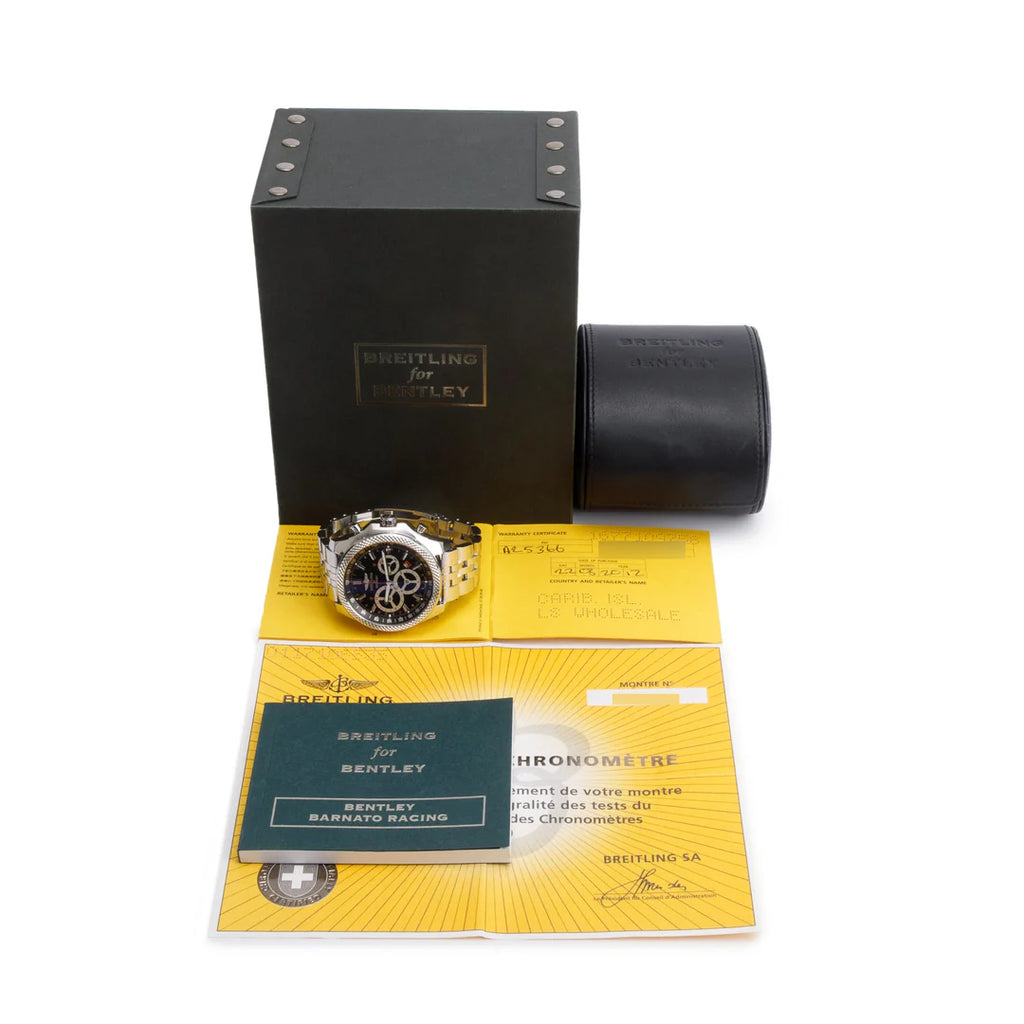 Stainless Steel Bentley Barnato 49 MM Automatic Chronograph Black Dial Watch A25366 w/ Box &amp; Papers