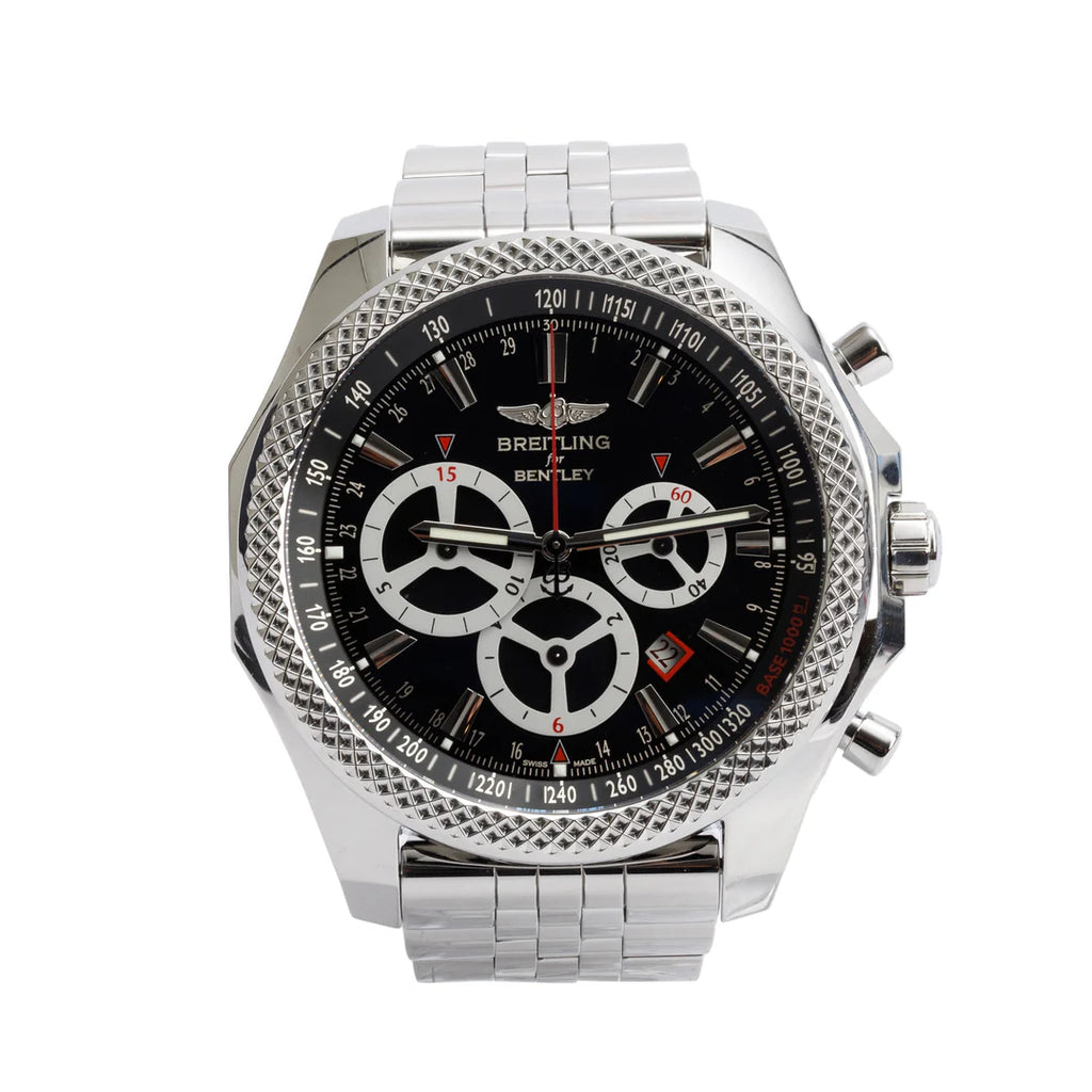 Stainless Steel Bentley Barnato 49 MM Automatic Chronograph Black Dial Watch A25366 w/ Box &amp; Papers
