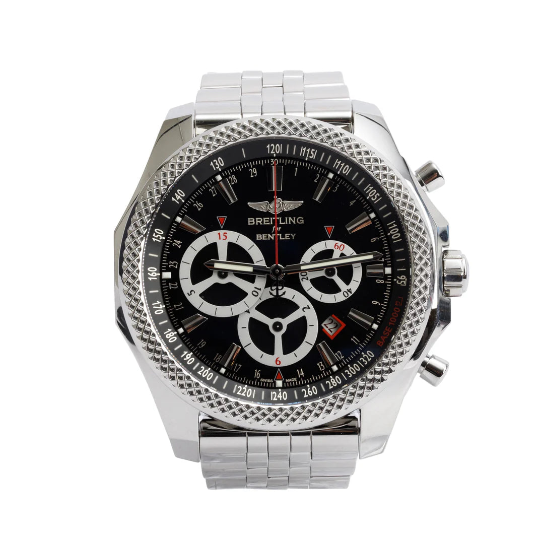 Stainless Steel Bentley Barnato 49 MM Automatic Chronograph Black Dial Watch A25366 w/ Box &amp; Papers