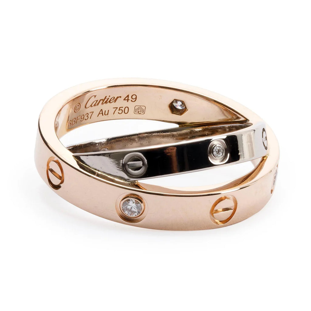 18k White Gold and Rose Gold Interlocking Love Ring with 6 Diamonds w/ Box