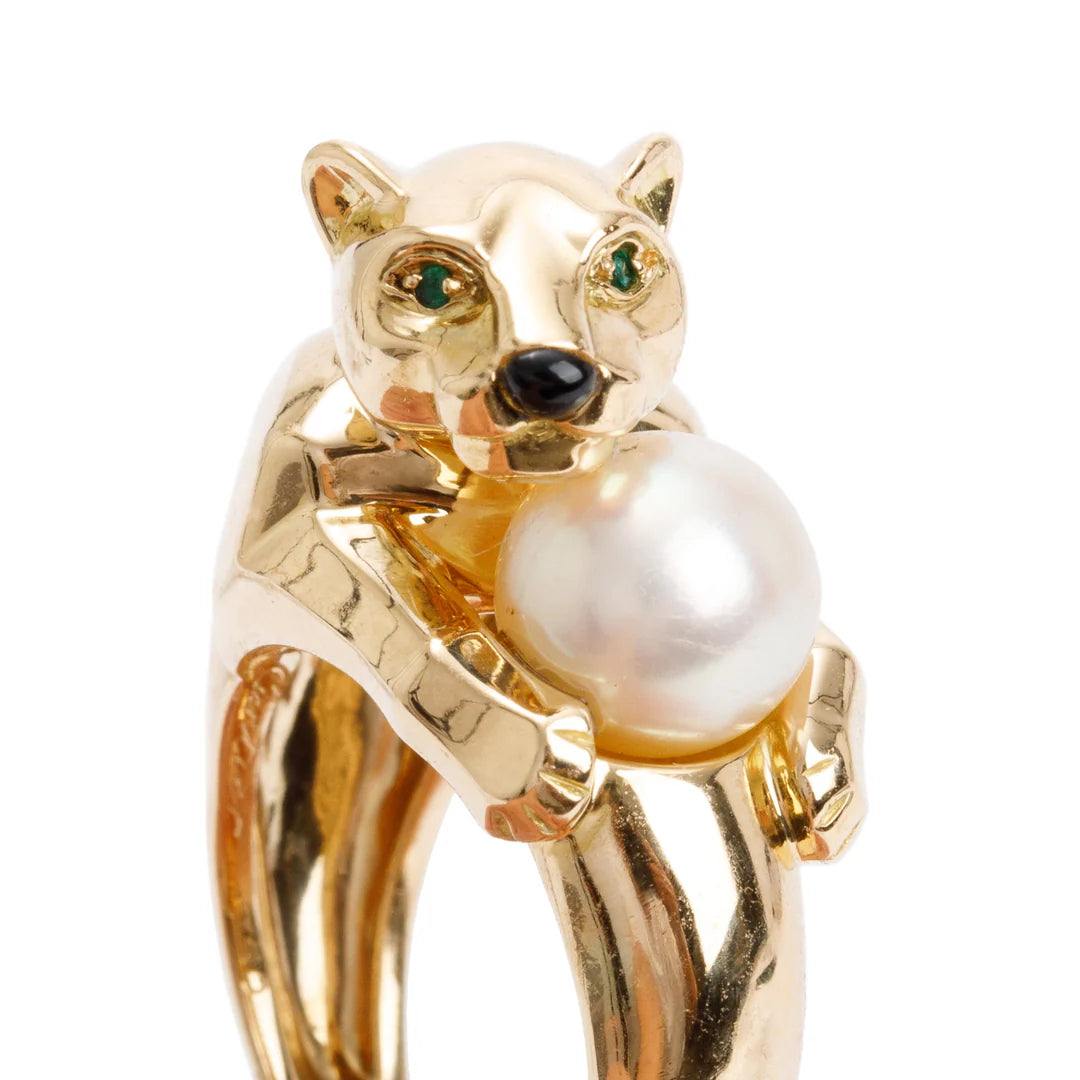 Vintage 18k Yellow Gold Pearl Panthere de Ring, Size 6.75