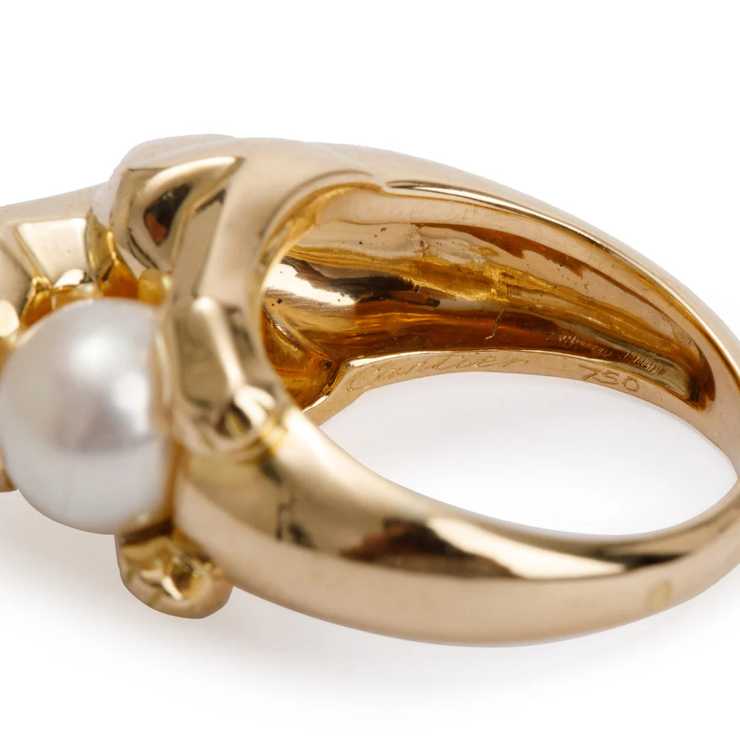 Vintage 18k Yellow Gold Pearl Panthere de Ring, Size 6.75