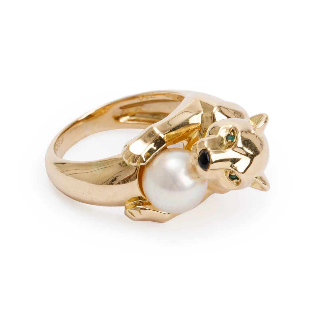 Vintage 18k Yellow Gold Pearl Panthere de Ring, Size 6.75