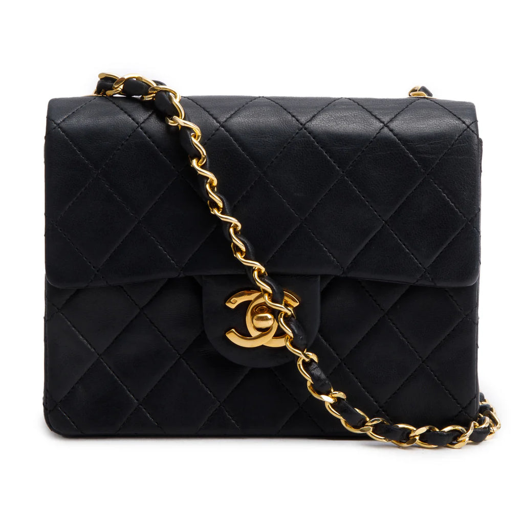 Vintage Black Lambskin Classic Mini Square Flap w/ Authenticity Card