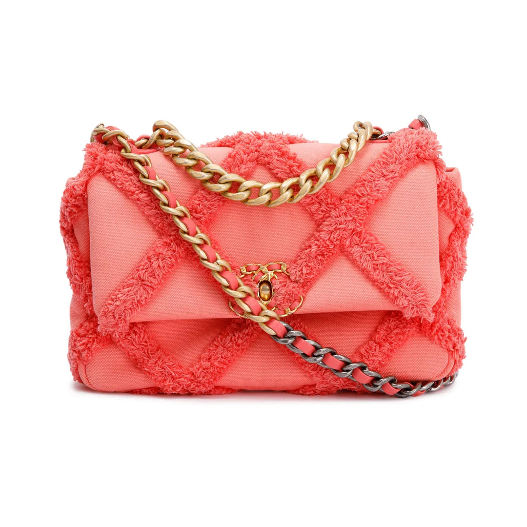 2020 Coral Quilted Cotton Canvas Medium 19 Flap Bag w/ Box, Receipt &amp; Authenticity Card