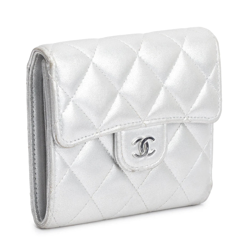 2021 Silver Metallic Quilted Lambskin Leather Compact Wallet