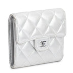 2021 Silver Metallic Quilted Lambskin Leather Compact Wallet