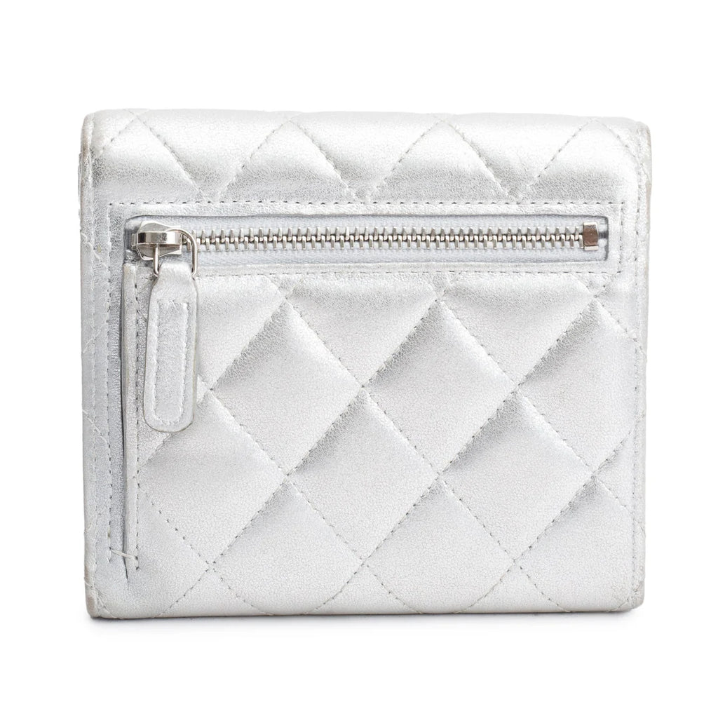 2021 Silver Metallic Quilted Lambskin Leather Compact Wallet