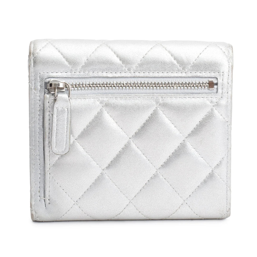 2021 Silver Metallic Quilted Lambskin Leather Compact Wallet