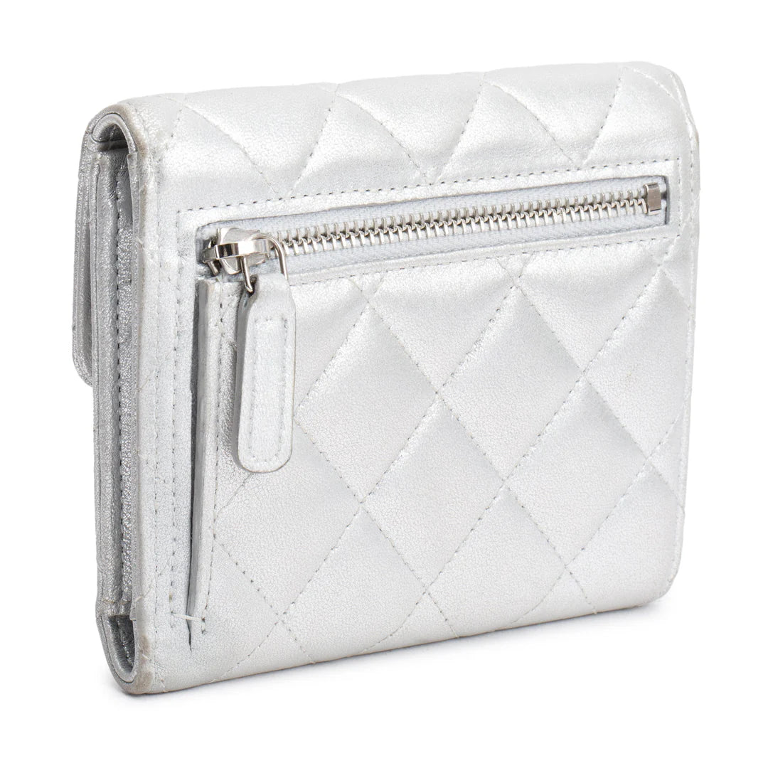 2021 Silver Metallic Quilted Lambskin Leather Compact Wallet