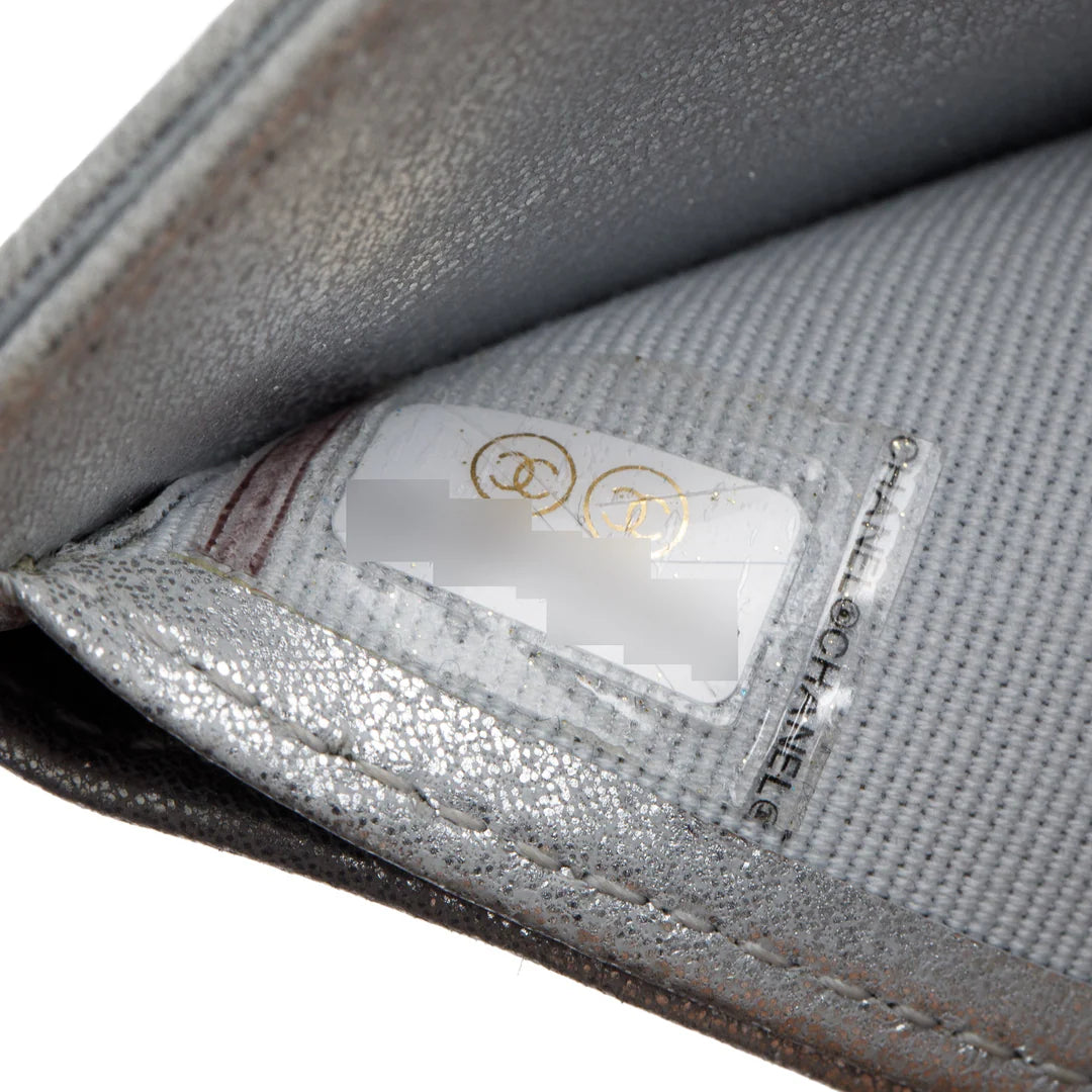 2021 Silver Metallic Quilted Lambskin Leather Compact Wallet