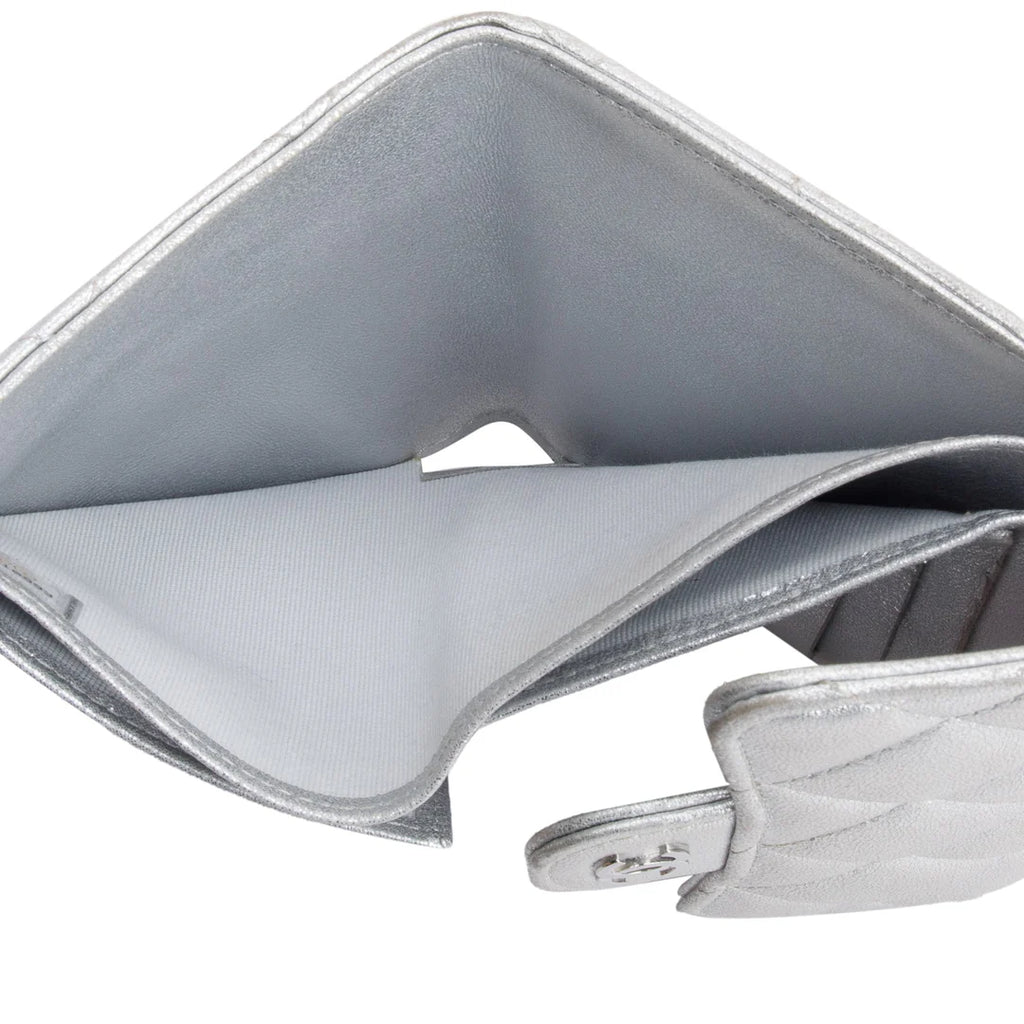 2021 Silver Metallic Quilted Lambskin Leather Compact Wallet