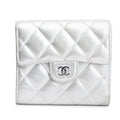 2021 Silver Metallic Quilted Lambskin Leather Compact Wallet