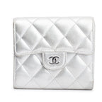2021 Silver Metallic Quilted Lambskin Leather Compact Wallet